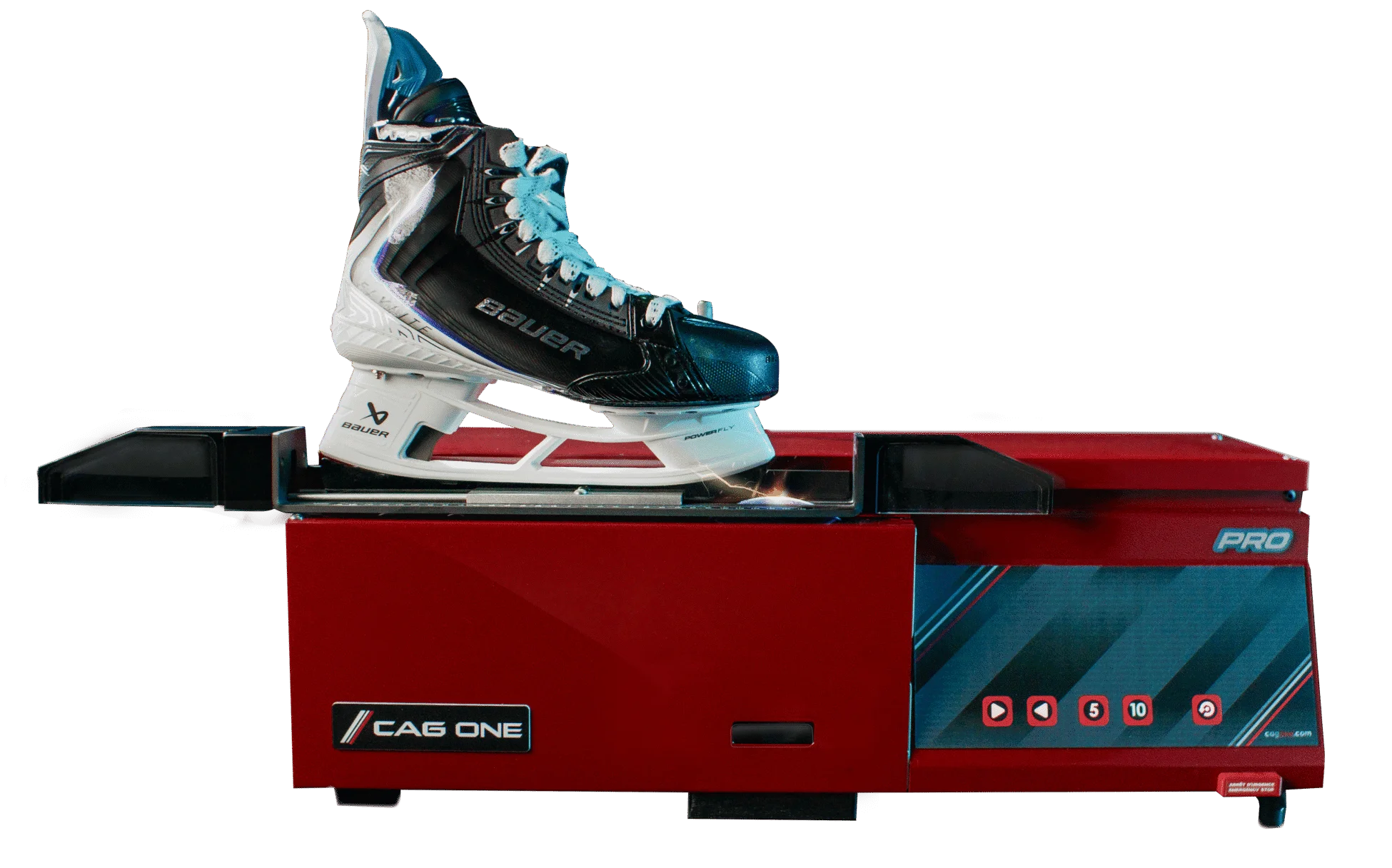 The CAG One PRO automated skate sharpening machine with a hockey skate on top