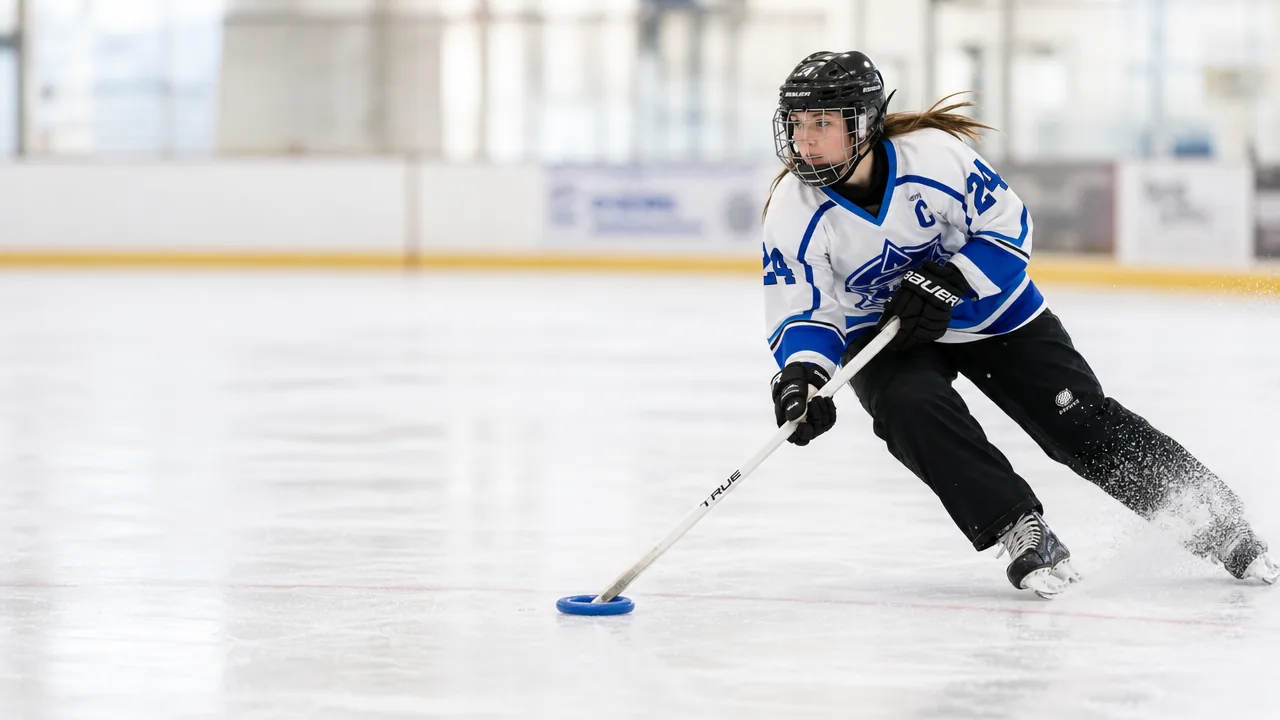 Ringette player carrying the ring up the ice